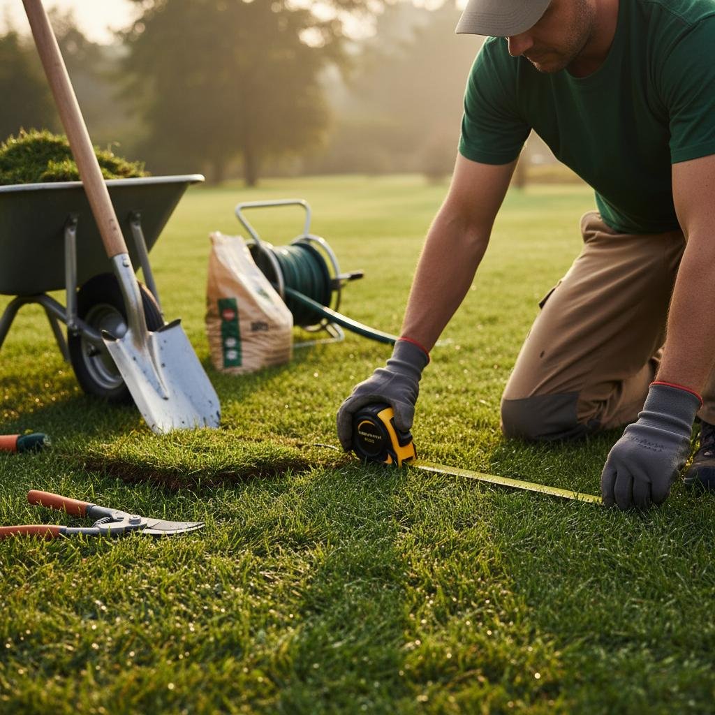 Measuring yard for sod installation in Denham Springs